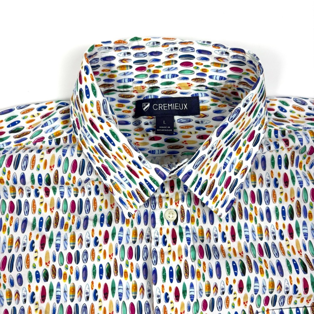 Cremieux Surfboard Button Up Sport Shirt‎ Mens Sz L White AOP Multi Short Sleeve